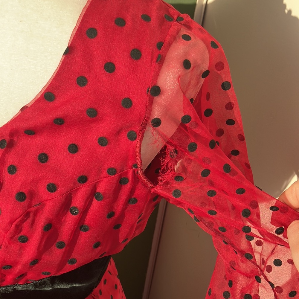 Vintage 60s 70s Red and Black Polka Dot Dress Flawed - Picture 4 of 10